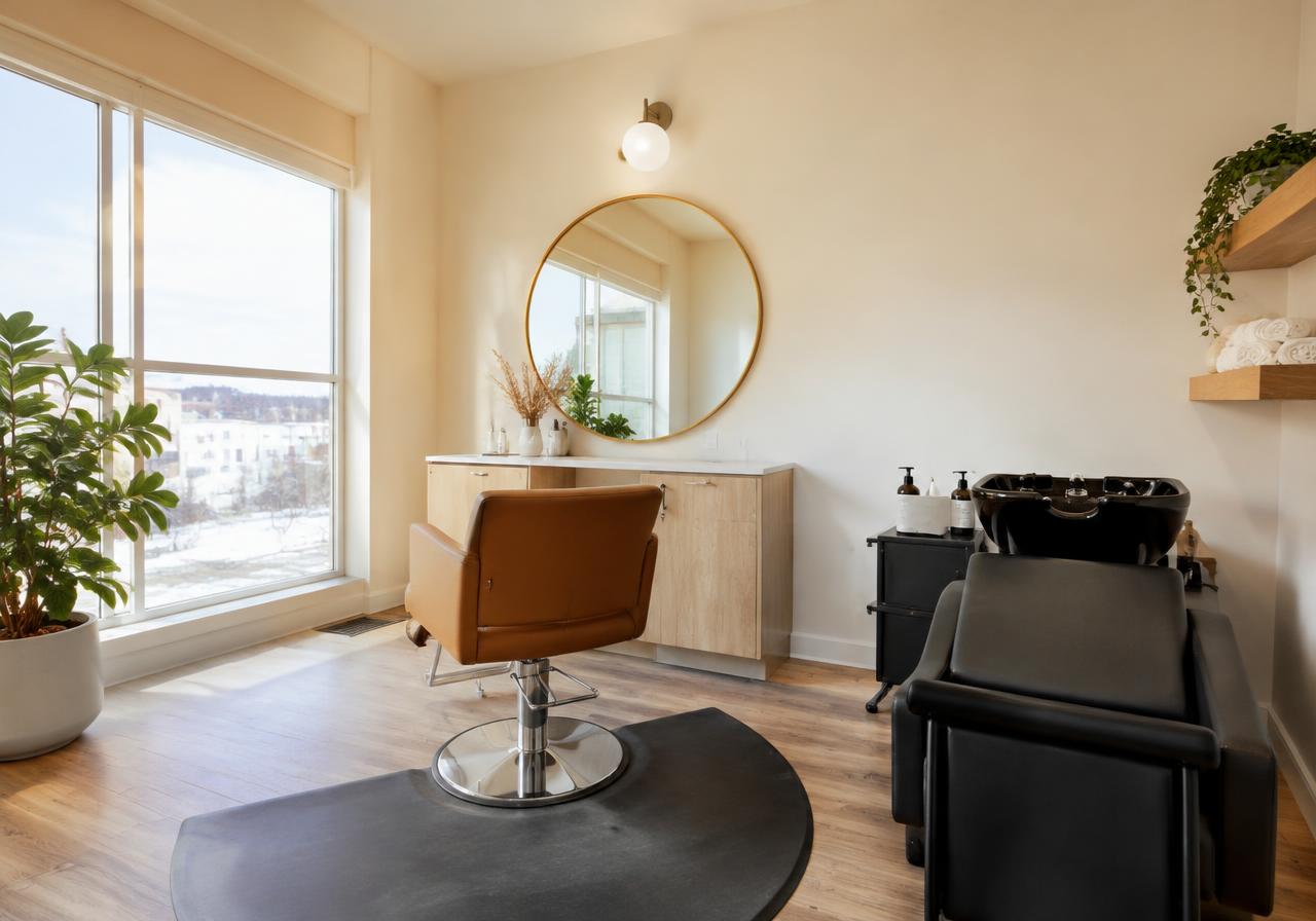 Private salon suite with styling station and mirror